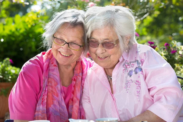 Duas Mulheres Idosas Alegres Sentadas Jardim Sobre Chá — Fotografia de Stock