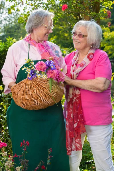 Twee Vrolijke Senior Vrouwen Permanent Tuin Zonnige Dag Een Van — Stockfoto