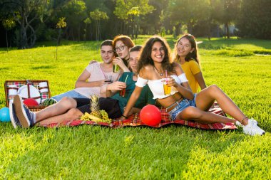  Portrait of cheerful young people on picnic party, sitting on the rug on the ground together  looking at camera and smiling.