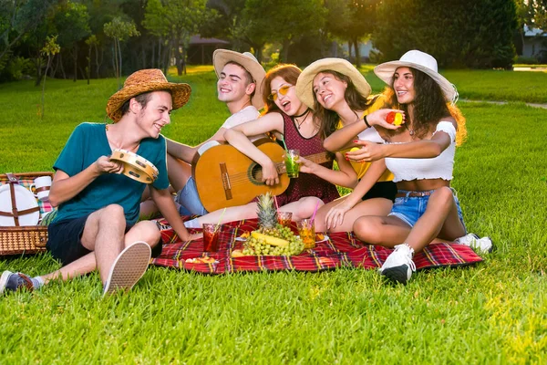 Jovens Amigos Felizes Fazendo Festa Piquenique Verão Parque Sentados Juntos — Fotografia de Stock