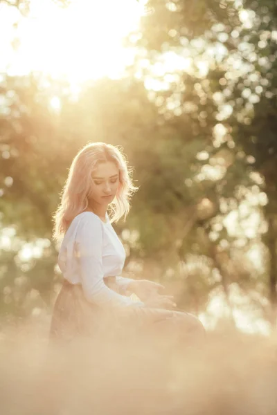 Jeune belle femme dans une robe longue sur un fond d'herbe sèche assis sur la clairière dans la forêt, fille romantique se détendre seul dans la nature, portrait féminin naturel — Photo