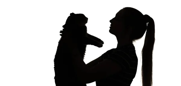 Silhueta Uma Menina Bonito Com Cabelos Longos Gato Seus Braços — Fotografia de Stock