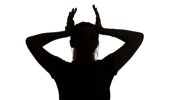 Silhouette Una Giovane Donna Con Mani Alto Nello Stress Uno — Foto Stock