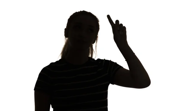 Silhouette Thinking Girl Showing Thumb White Isolated Background Finding Idea — Stock Photo, Image