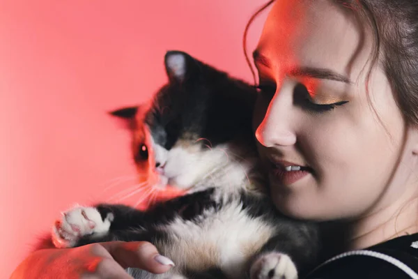 Retrato Uma Jovem Mulher Feliz Com Gato Seus Braços Iluminação — Fotografia de Stock