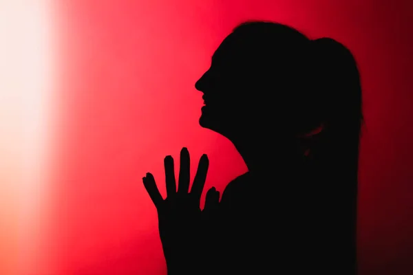 Silhouette Ragazza Malevola Sfondo Rosso Alleggerito Profilo Volto Donna Irriconoscibile — Foto Stock