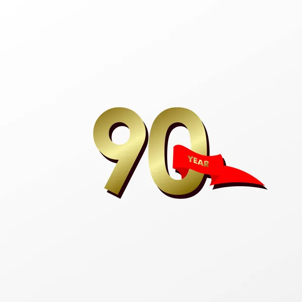 Perayaan Ulang Tahun ke-90 Emas Dengan Ilustrasi Rancangan Vektor Ribbon Merah - Stok Vektor