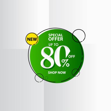 Yeni İndirim Etiketi Özel Teklif, Dükkan Şimdi Vektör Şablonu İllüstrasyonunun% 80 'ine kadar