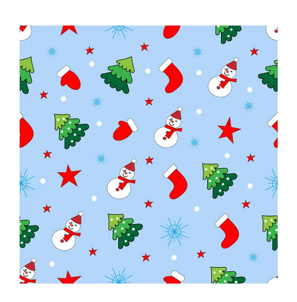 Christmas Trees Snowman Snowflakes Blue Background Pattern Abstract Illustration Decoration — Stock vektor