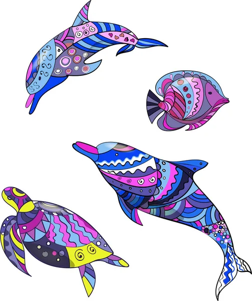 Океанічні Тварини Дзенарт Море Дельфіни Черепаха Риба Колір Візерунок — стоковий вектор