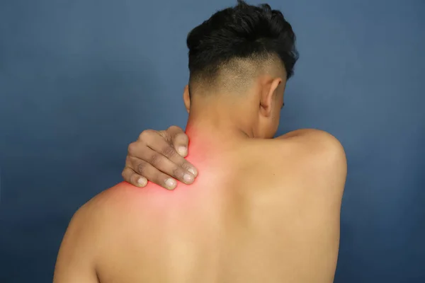 Black White Shot Man Back Having Red Spot Pain Trauma — Stock Photo, Image