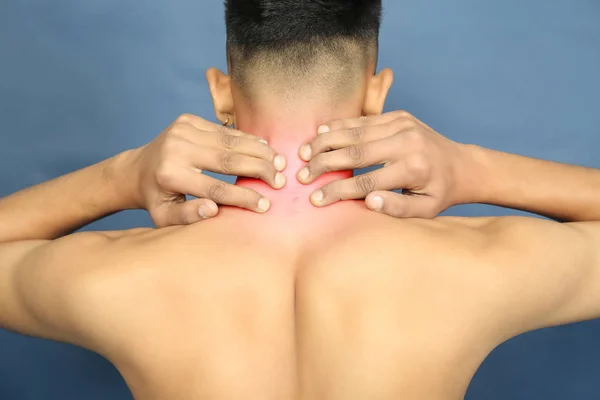 Black White Shot Man Back Having Red Spot Pain Trauma — Stock Photo, Image