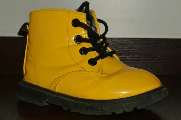 Stylish Little Yellow Boot Children Original Walking Shoes Early Spring — Stock Photo, Image