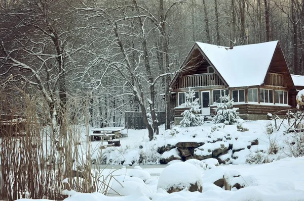 Casa Férias Inverno Coberto Neve Uma Pequena Lagoa Congelada Nas — Fotografia de Stock