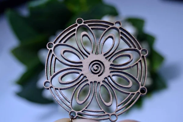 木製のイヤリング 異なる円形のパターンを持つ美しい木彫りのイヤリング — ストック写真