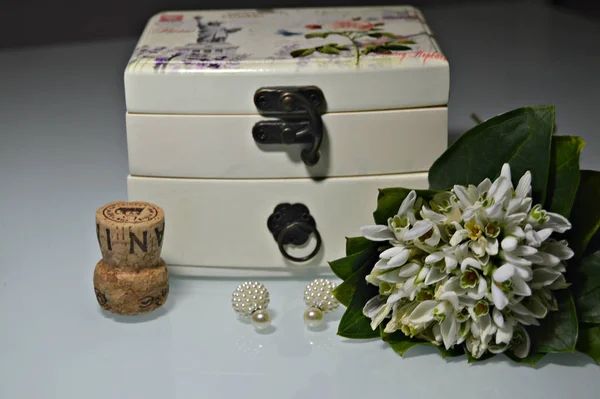 音楽箱とワインコルクの隣に繊細な雪の滴の花束と小さな白い丸いイヤリング — ストック写真