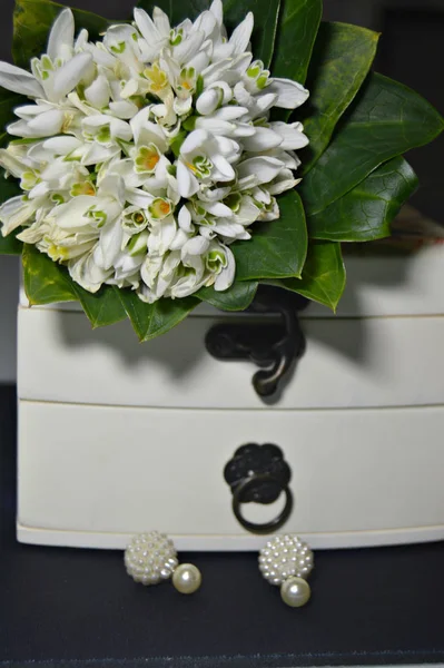 ジュエリーのためのオルゴールの横に白い雪の滴の花束と小さな白い丸いイヤリング — ストック写真