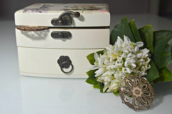 ホワイト スノードロップとイヤリングの花束ジュエリーのためのホワイト ミュージック ボックススノードロップと木製のイヤリング — ストック写真