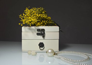 Beyaz mücevher kutusu, zarif yuvarlak amcıklar ve parlak bir buket mimoza çiçekli yuvarlak boncuk kolye.