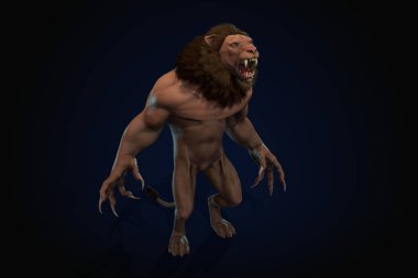 Fantezi karakteri İnsanımsı Aslan destansı poziyonda - siyah arkaplanda 3D canlandırma