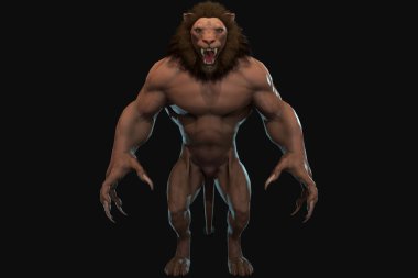 Fantezi karakteri İnsanımsı Aslan destansı poziyonda - siyah arkaplanda 3D canlandırma