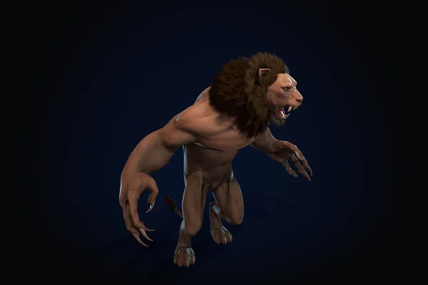 Φανταστικός Χαρακτήρας Humanoid Lion Επική Στάση Render Μαύρο Φόντο — Φωτογραφία Αρχείου