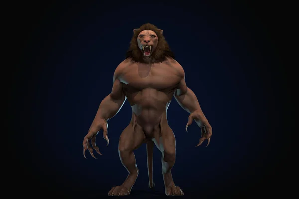 판타지 캐릭터 Humanoid Lion Epic Pose Render Black Background — 스톡 사진