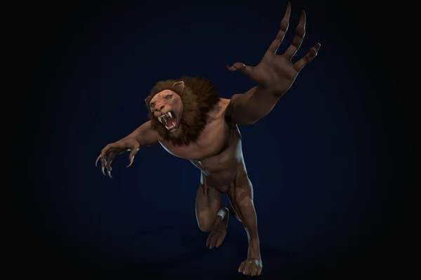 Fantasy Character Humanoid Lion Epic Pose Render Black Background — Stock Photo, Image