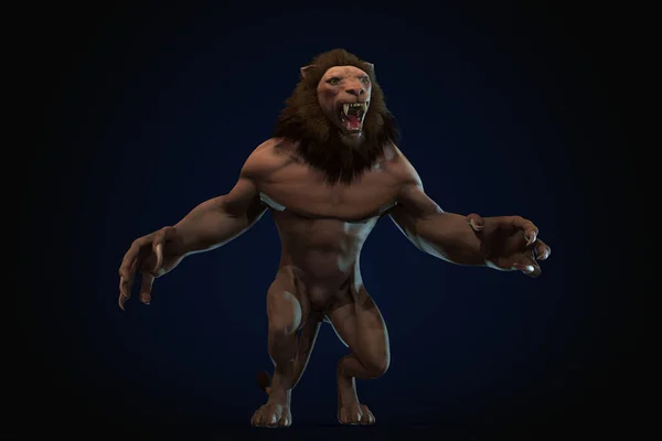 Personaje Fantasía Humanoid Lion Pose Épica Renderizado Sobre Fondo Negro —  Fotos de Stock