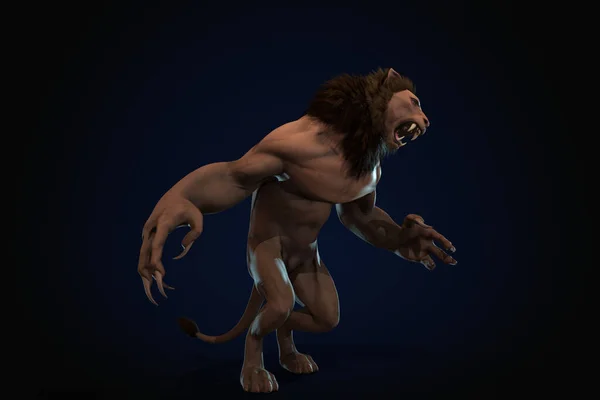 Fantasy Figur Humanoid Lion Epischer Pose Rendering Auf Schwarzem Hintergrund — Stockfoto