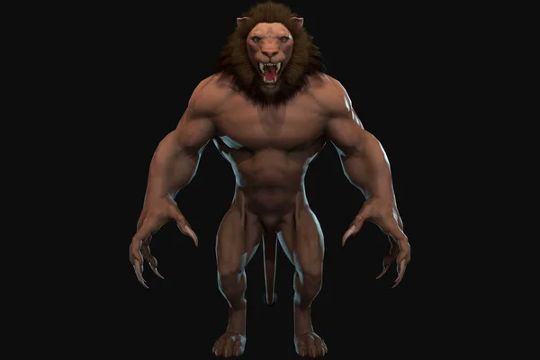 Φανταστικός Χαρακτήρας Humanoid Lion Επική Στάση Render Μαύρο Φόντο Εικόνα Αρχείου