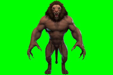 Fantezi karakteri İnsanımsı Aslan destansı poziyonda - siyah arkaplanda 3D canlandırma