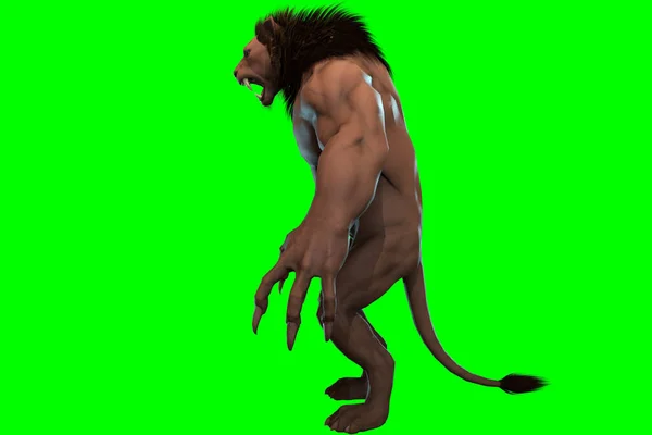 판타지 캐릭터 Humanoid Lion Epic Pose Render Black Background — 스톡 사진