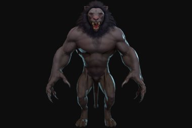 Fantezi karakteri İnsanımsı Aslan destansı poziyonda - siyah arkaplanda 3D canlandırma