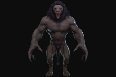 Fantasy character Humanoid Lion in epic pose - 3D render on black background clipart