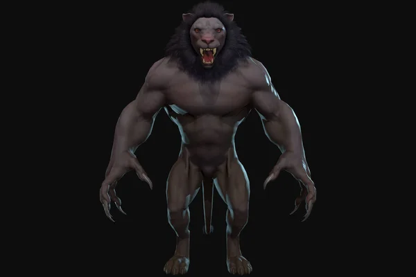 Φανταστικός Χαρακτήρας Humanoid Lion Επική Στάση Render Μαύρο Φόντο — Φωτογραφία Αρχείου