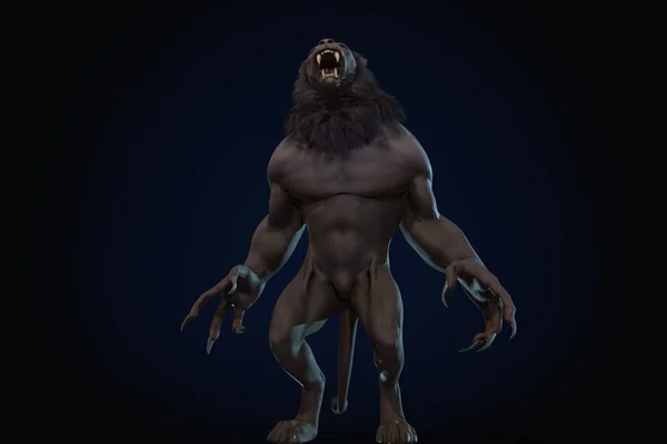 Φανταστικός Χαρακτήρας Humanoid Lion Επική Στάση Render Μαύρο Φόντο — Φωτογραφία Αρχείου