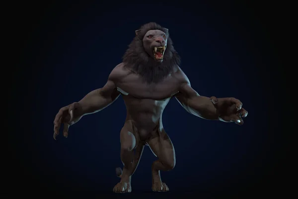 Personaje Fantasía Humanoid Lion Pose Épica Renderizado Sobre Fondo Negro —  Fotos de Stock