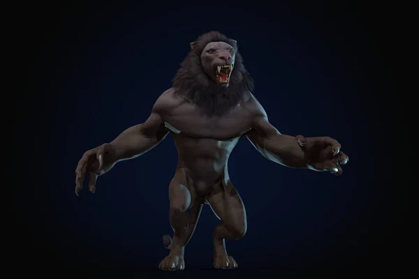 Φανταστικός Χαρακτήρας Humanoid Lion Επική Στάση Render Μαύρο Φόντο — Φωτογραφία Αρχείου