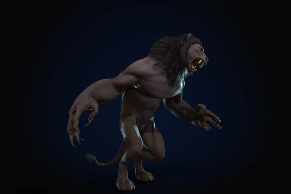 Personaje Fantasía Humanoid Lion Pose Épica Renderizado Sobre Fondo Negro —  Fotos de Stock