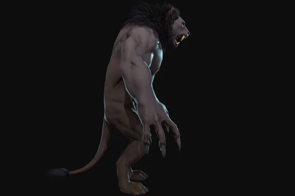 판타지 캐릭터 Humanoid Lion Epic Pose Render Black Background — 스톡 사진