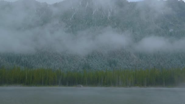Bedeckter Alpenblick mit Gebirgssilhouetten-Fragmenten durch Nebel und Wolken. — Stockvideo
