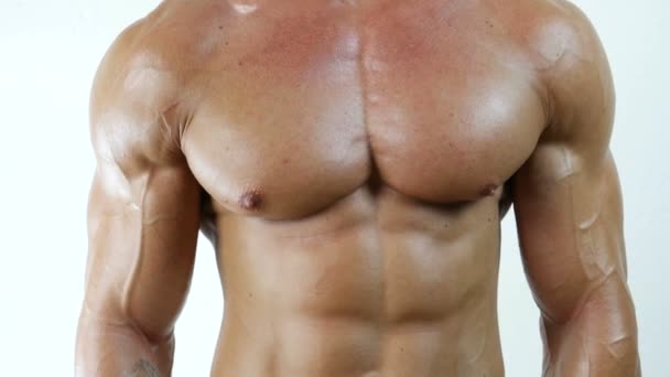 Muscular culturista hombre sin camisa en el estudio — Vídeo de stock