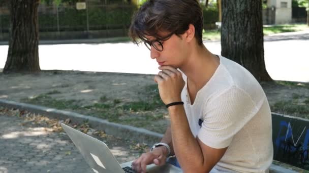 Joven guapo trabajando en la computadora en el parque — Vídeos de Stock