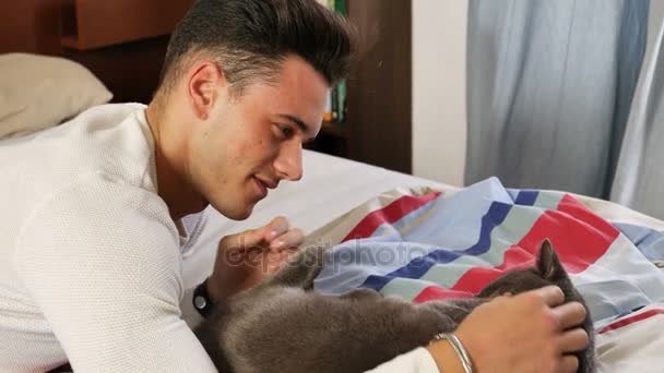 Guapo joven hombre acurrucado su gris gato mascota — Vídeos de Stock