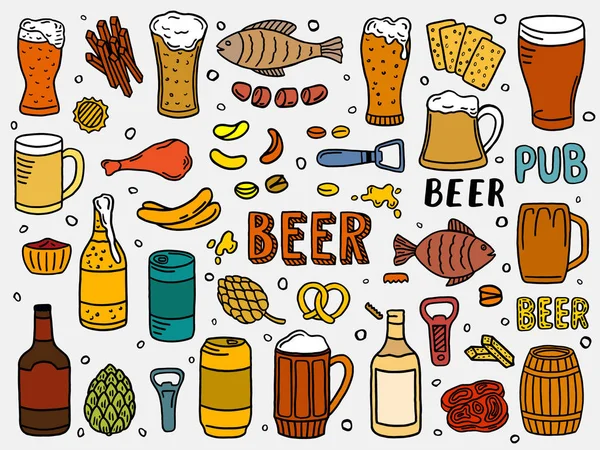 Conjunto de garabatos de cerveza dibujados a mano — Vector de stock