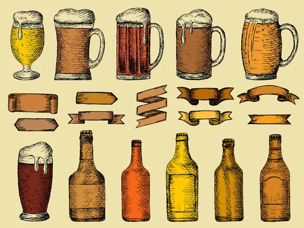 Vector conjunto de botellas de cerveza y vidrio — Vector de stock