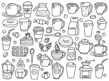 kahve doodle vektör kümesi