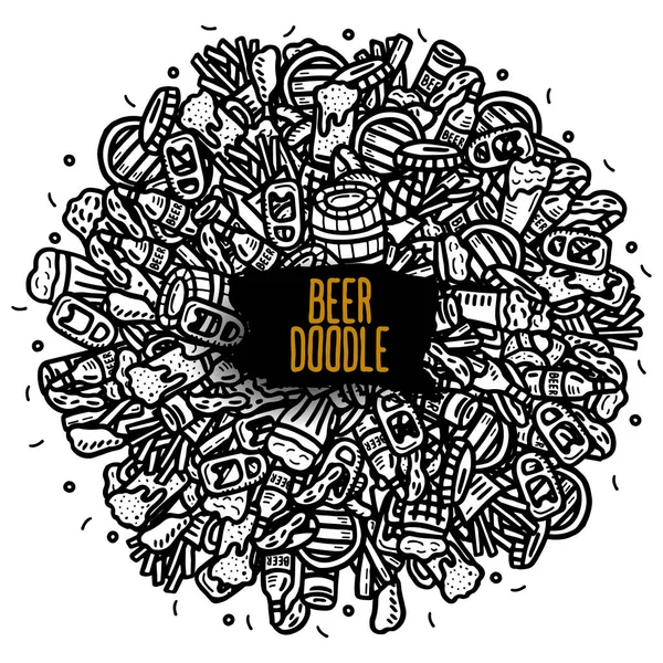 bira doodle poster yuvarlak. vektör etiketten bira gözlük ve aperatifler.