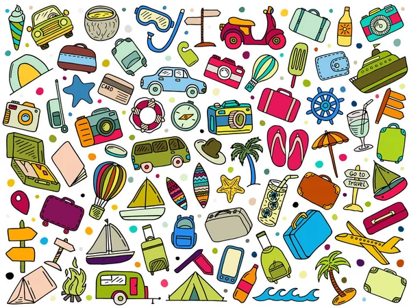 Vetor Ilustração Conjunto Viagens Turismo Verão Doodles Elementos — Vetor de Stock